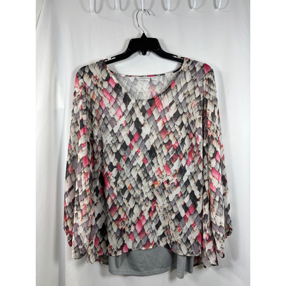 Liz Claiborne Woman 1X Blouse Pink Grey Snakeskin Scale Print Layered Top